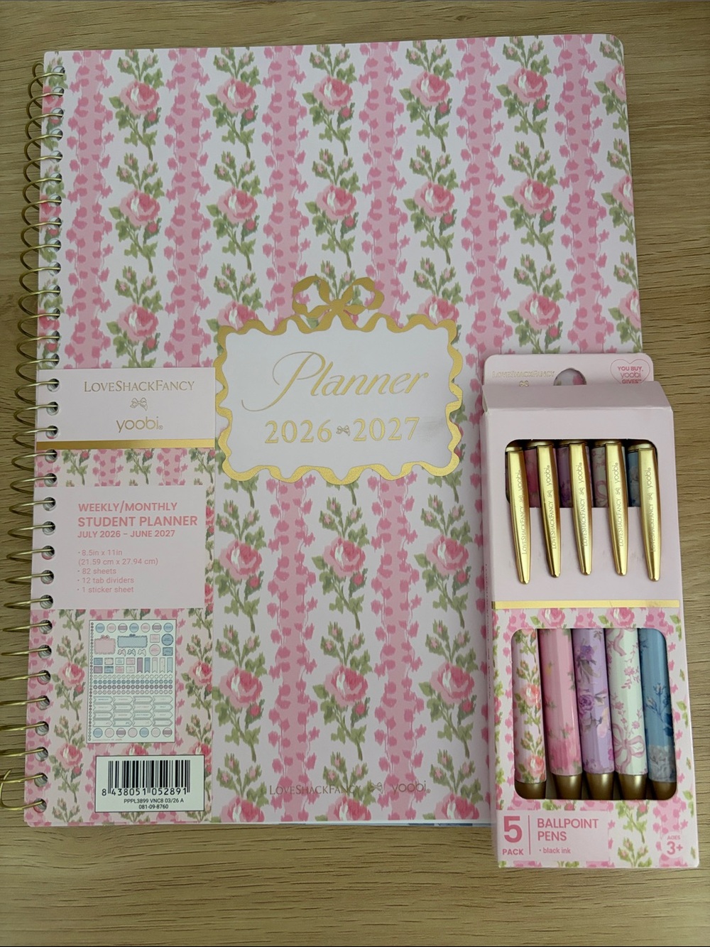 LoveShackFancy Pink and Gold Floral Student Planner with Matching Floral Pens